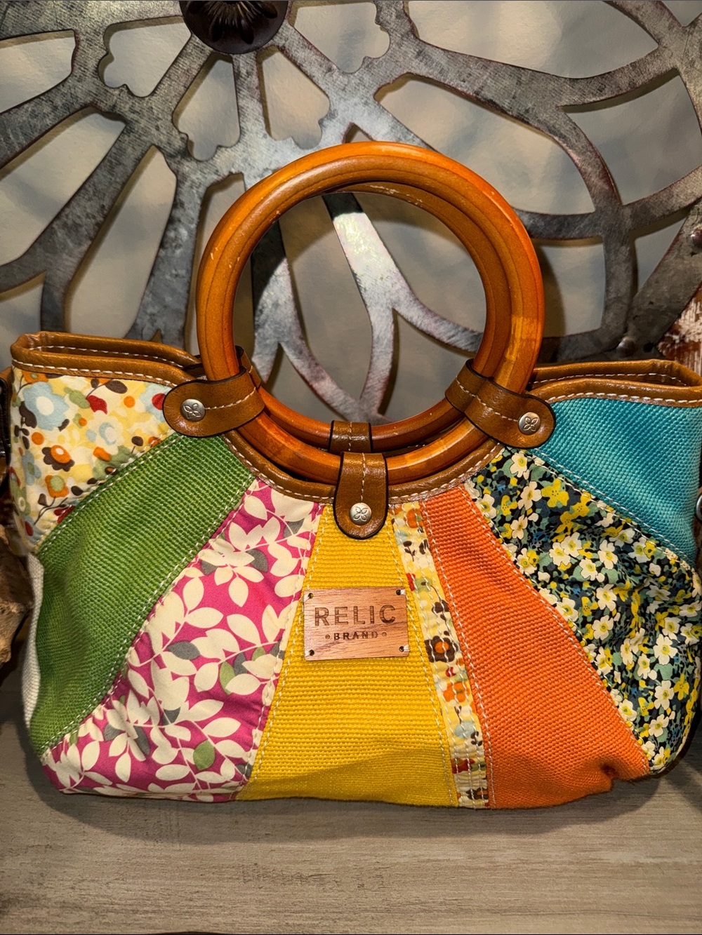 Relic Multicolor Patchwork Shoulder Bag with Wooden Ring Handles